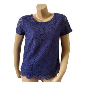 J. Crew Women's 0 Navy Lace Short Sleeve Lined Top Blouse Scalloped Hem Elegant